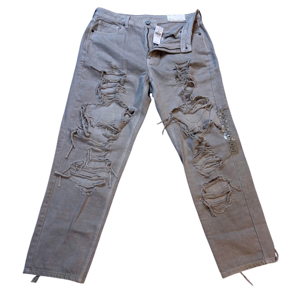 American Eagle Mom Jeans Womens 14 Gray NWT Distressed‎ High Waisted Denim
